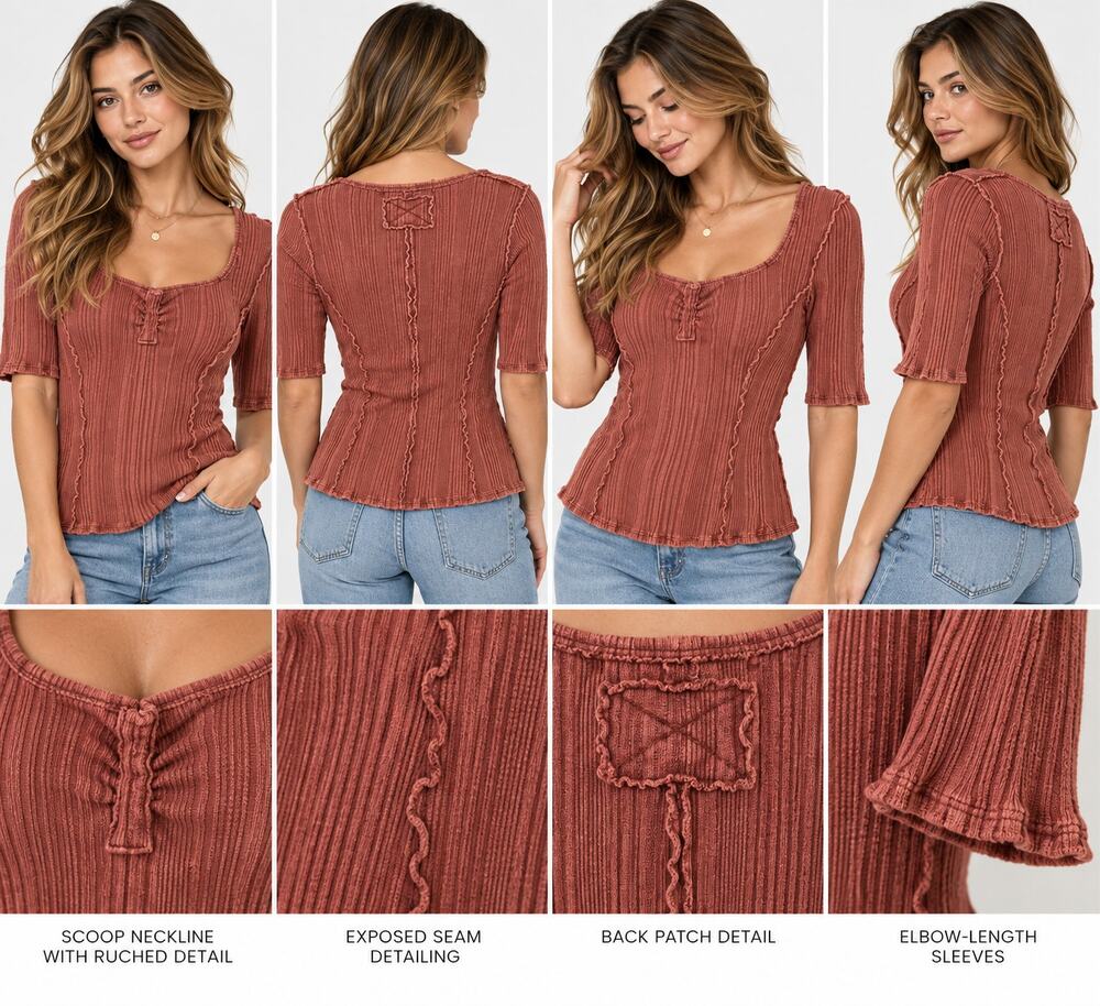 We The Free Free People XL Rust Ribbed Scoop Neck Top